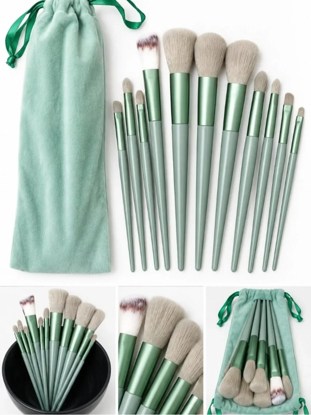 Sage Green Makeup Brush Set with Velvet Drawstring Storage Bag Face Eye Cosmetic